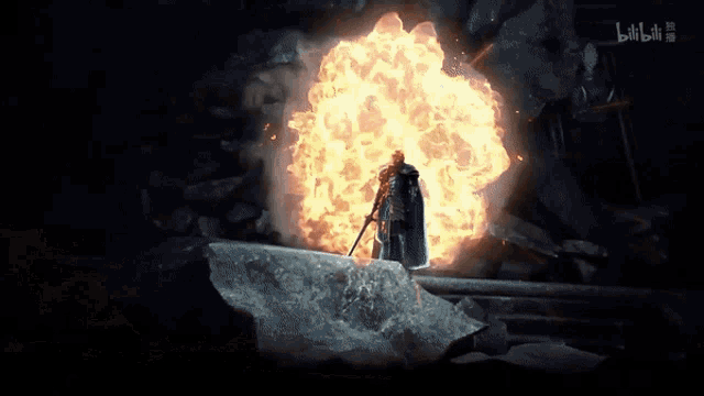 a man with a sword stands in front of a large explosion with bilibili written on the bottom left