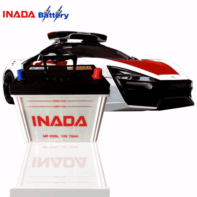 a inada battery sits in front of a car
