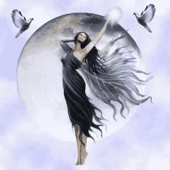 a woman in a black dress is dancing in front of a full moon with birds flying around her