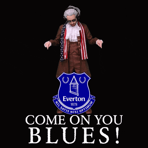 a blue shield with the word everton in white letters