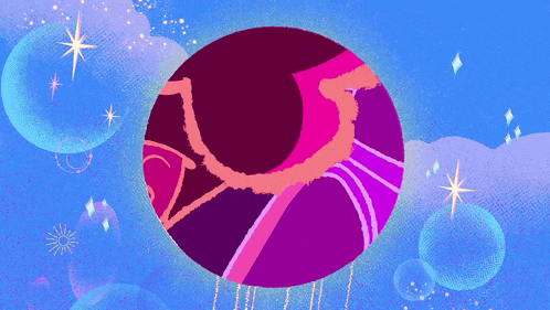 a purple and pink circle with bubbles and stars around it