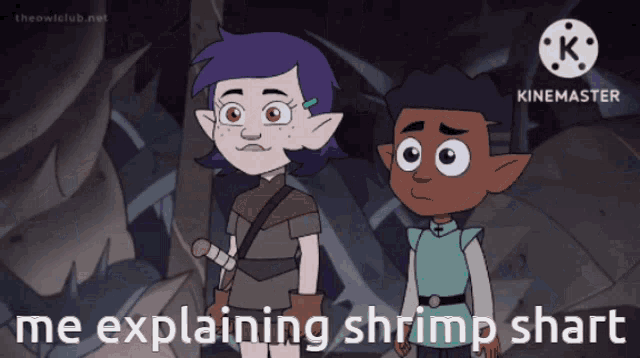 a couple of cartoon characters standing next to each other with the caption " me explaining shrimp shart "