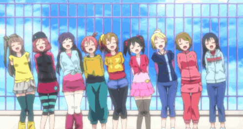 a group of anime girls are standing next to each other and singing
