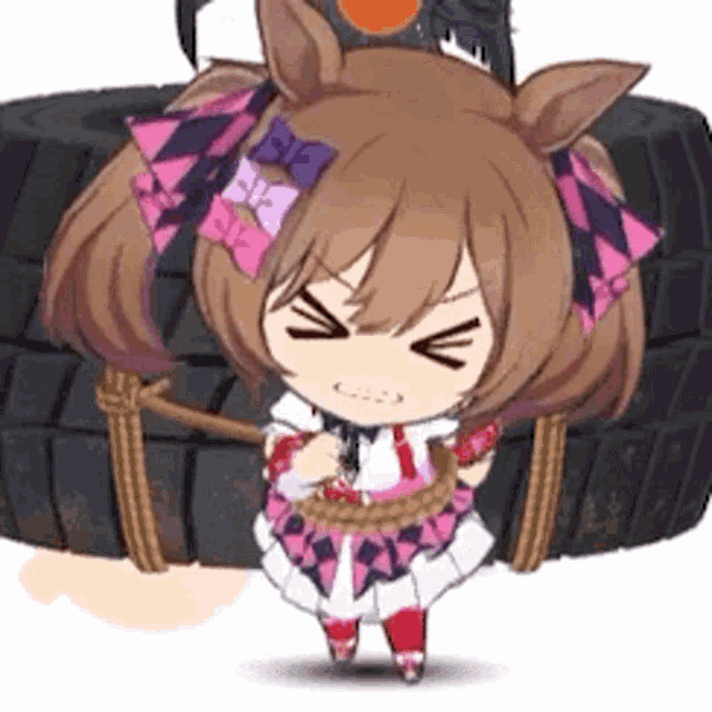 a cartoon girl is standing in front of a stack of tires .