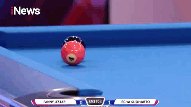 a pool table with a woman holding a cue and the words race to 3 on the bottom