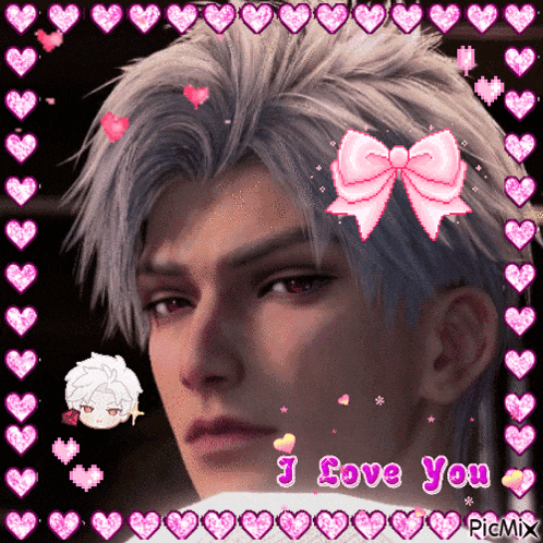 a picture of a man with a pink bow and the words " i love you " on the bottom