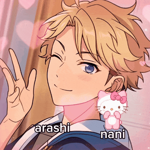a drawing of a boy with a hello kitty earring next to the name arashi and nani