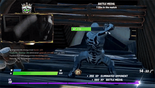 a screenshot of a video game shows a skeleton being eliminated by another player