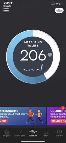 a phone screen shows a heart rate of 206 beats per minute