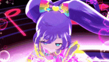 a cartoon girl with purple hair and a rainbow bow