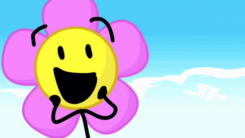 a cartoon flower with a yellow face and pink petals is smiling