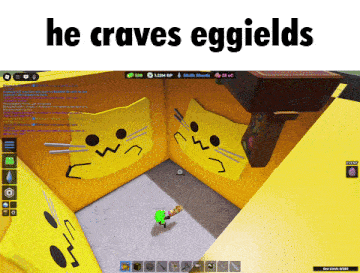a screen shot of a video game with the words he craves eggields
