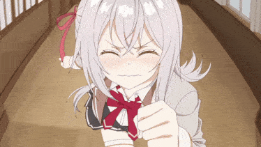 a girl with white hair and a red bow tie is making a face