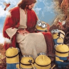 jesus is sitting on a rock with a group of minions around him .