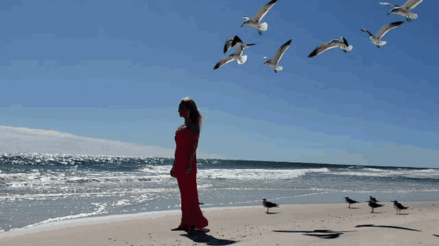 a woman in a red dress is standing on a beach with seagulls flying overhead