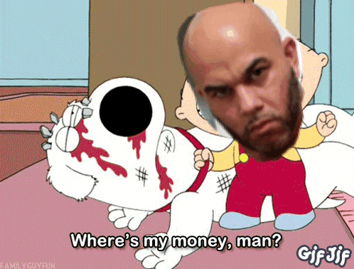 a cartoon of a man asking where 's his money man