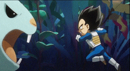 a cartoon character in a blue suit is fighting a monster in the water .
