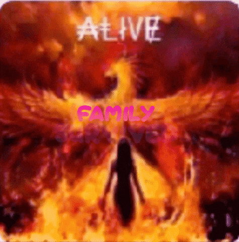 a woman is standing in front of a phoenix with the words " alive family " written in pink