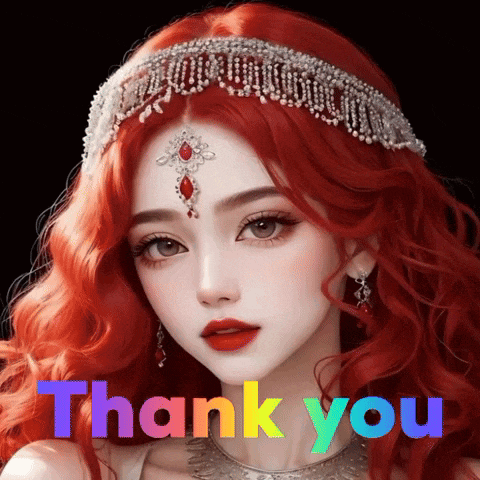 a woman with red hair is wearing a tiara and necklace and the words thank you are below her