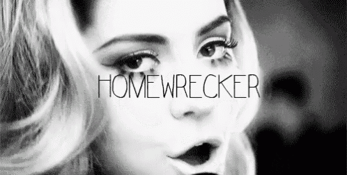 a black and white photo of a woman 's face with the words `` home wrecker '' written above her .
