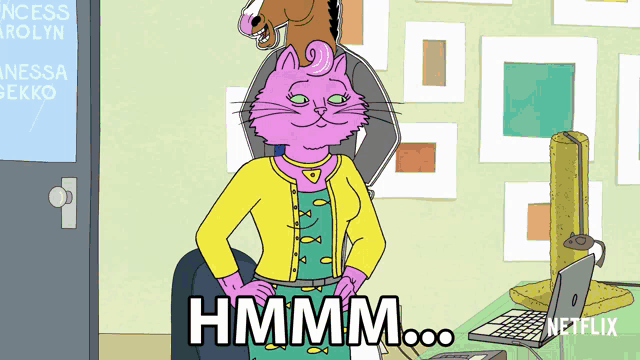 a cartoon of a woman with a pink cat on her head says hmmm