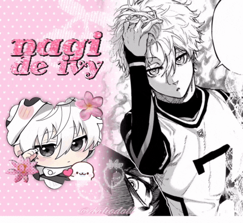 a black and white drawing of a boy with the words " nagi de ivy " on it