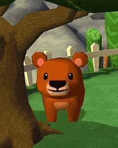 a cartoon bear is standing under a tree in a field