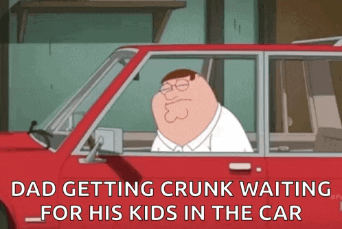 peter griffin from family guy is sitting in a red car waiting for his kids .