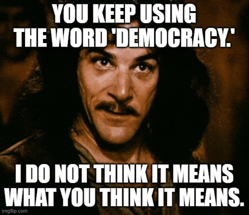 a man with a mustache says you keep using the word " democracy "