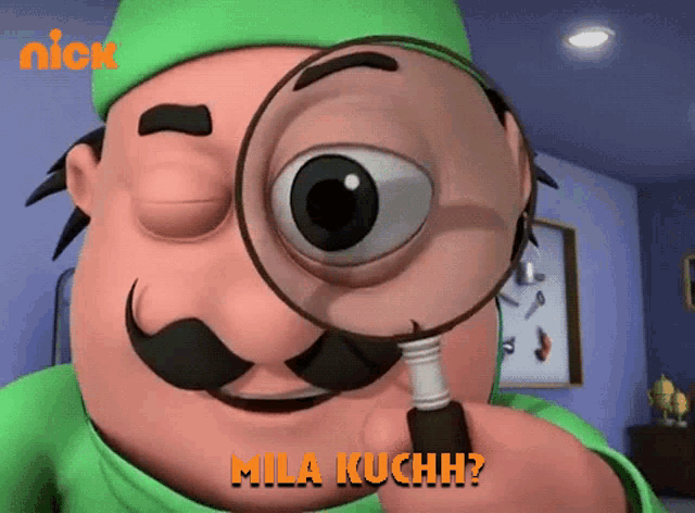 a cartoon character looking through a magnifying glass with the caption " mila kuchh " on the bottom
