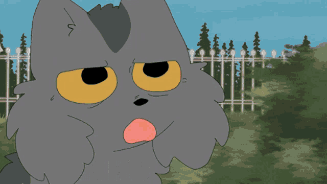 a cartoon wolf says uh huh in front of a white fence