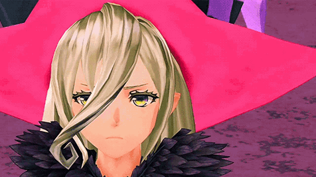 a video game character with blonde hair and a black feathered collar