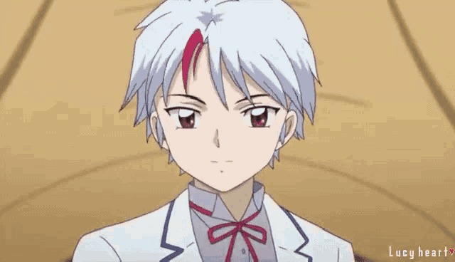 a cartoon character with white hair and red eyes is wearing a white jacket and tie .