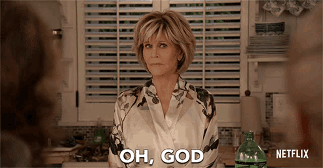a woman says oh god in front of a bottle of netflix