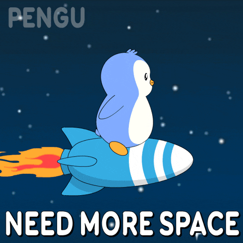 a penguin is riding a blue rocket with the words need more space below it
