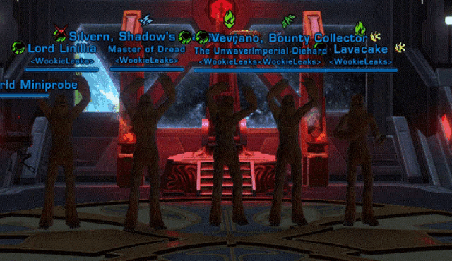 a group of chewbaccas are standing in front of a screen that says silvern