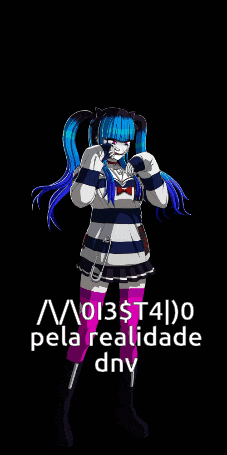 a pixel art of a girl with blue hair and the words mol3 $ t4 ) o pela realidade dnv