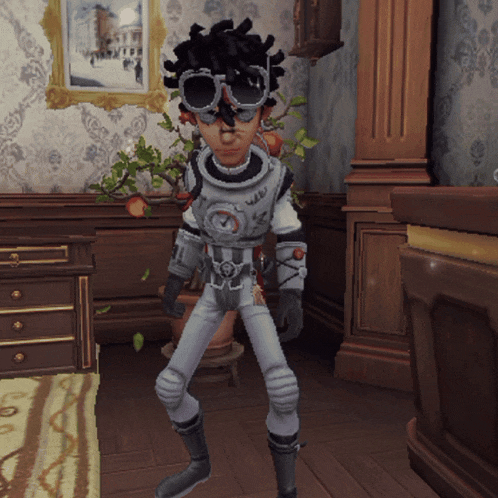 a cartoon character wearing goggles and a suit with a clock on it