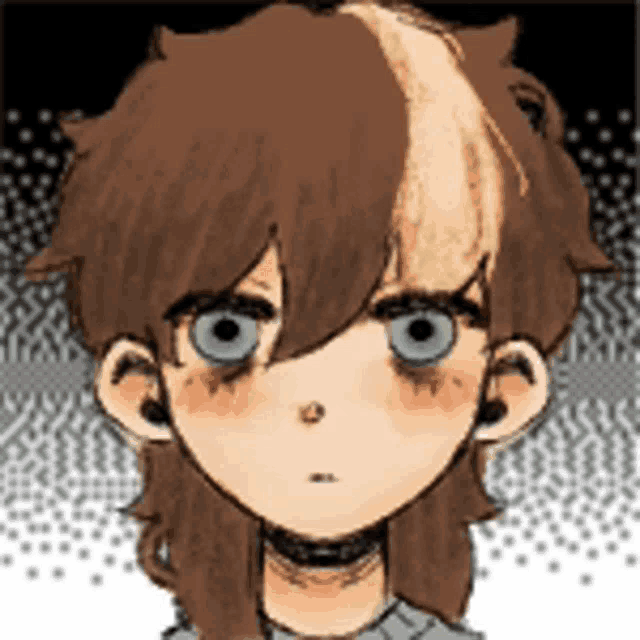a drawing of a person with brown hair and green eyes