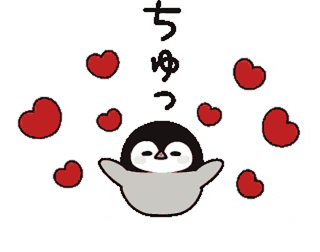 a penguin is surrounded by red hearts and says " i love you "