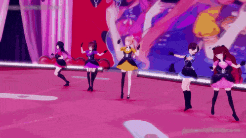 a group of anime girls dancing on a stage