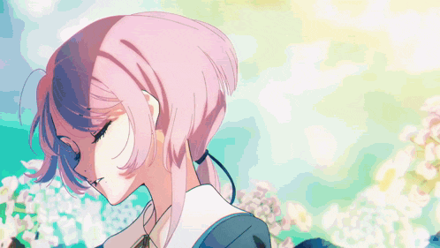 a girl with pink hair is standing in front of a yellow background