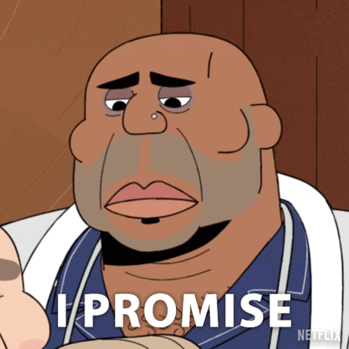 a cartoon of a man with the words i promise written below him