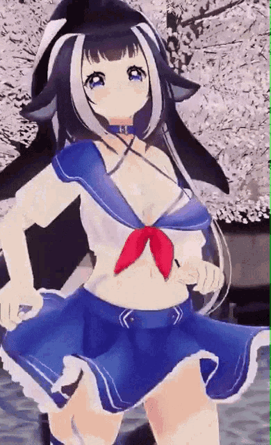 a girl in a sailor outfit is standing in front of a tree with cherry blossoms
