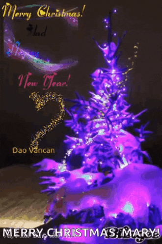 a merry christmas card with a purple tree