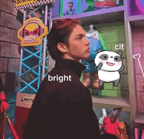 a man is standing in front of a display of toys and a panda .