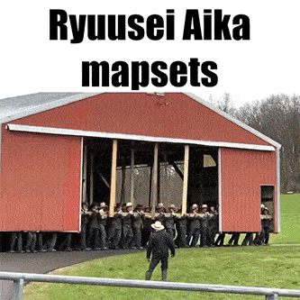 a group of men are standing in front of a large red building with the words ryuusei aika mapsets written on it