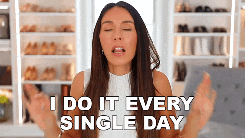 a woman says " i do it every single day " with her eyes closed