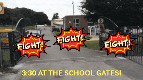 a sign that says 3:30 at the school gates on it