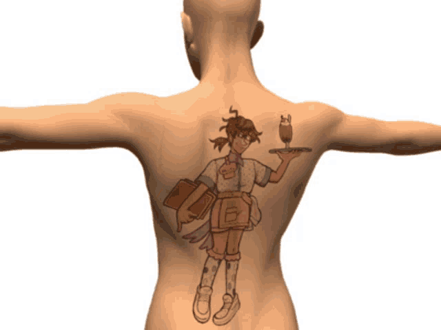 a woman has a tattoo on her back of a waitress holding a tray